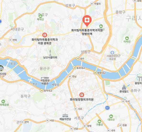화이팅통증의학과의원 3개 지점 실제 위치 지도